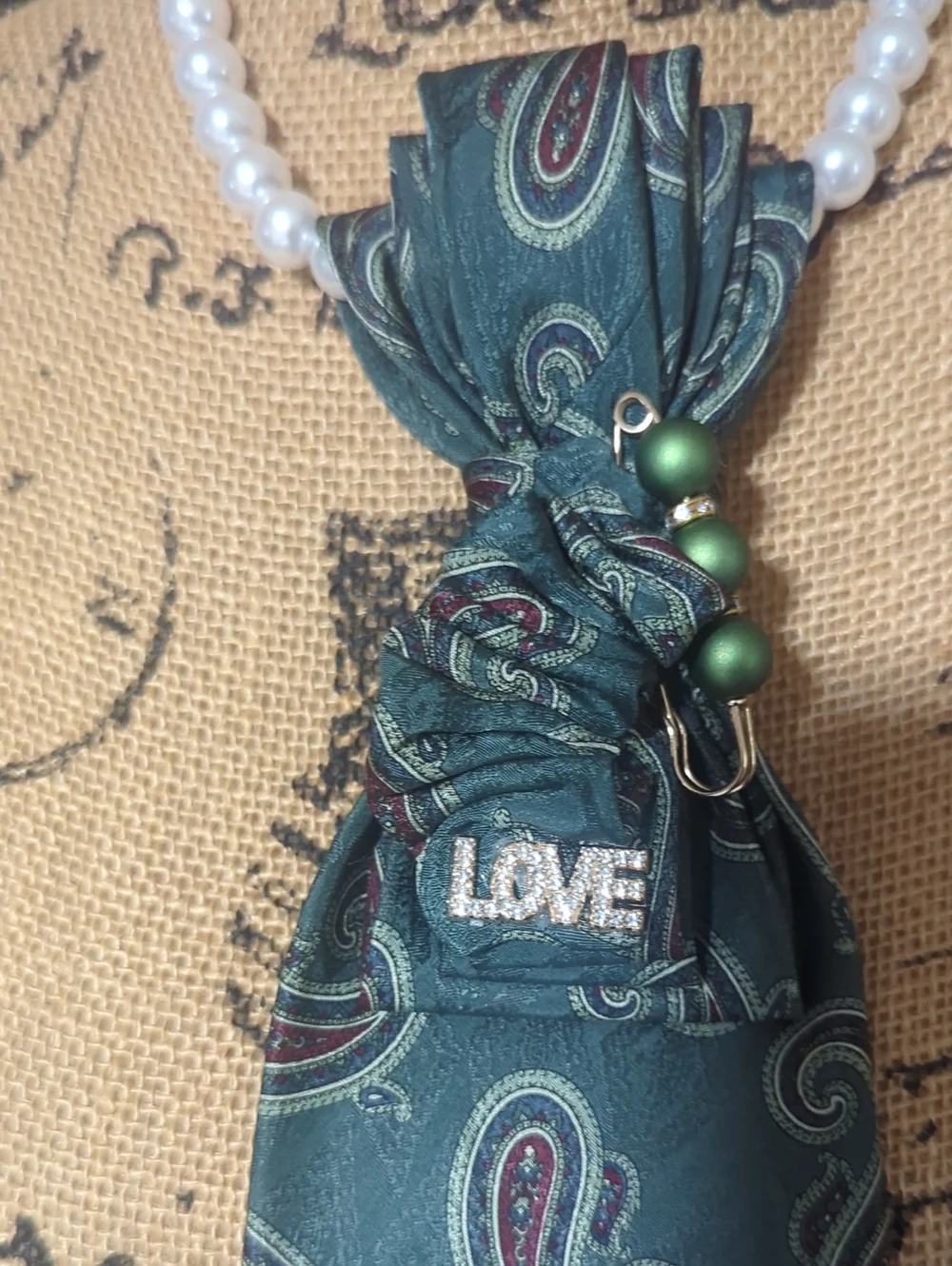 Necklace Not Included Green Paisley Decorative Tie with 'LOVE' Accent